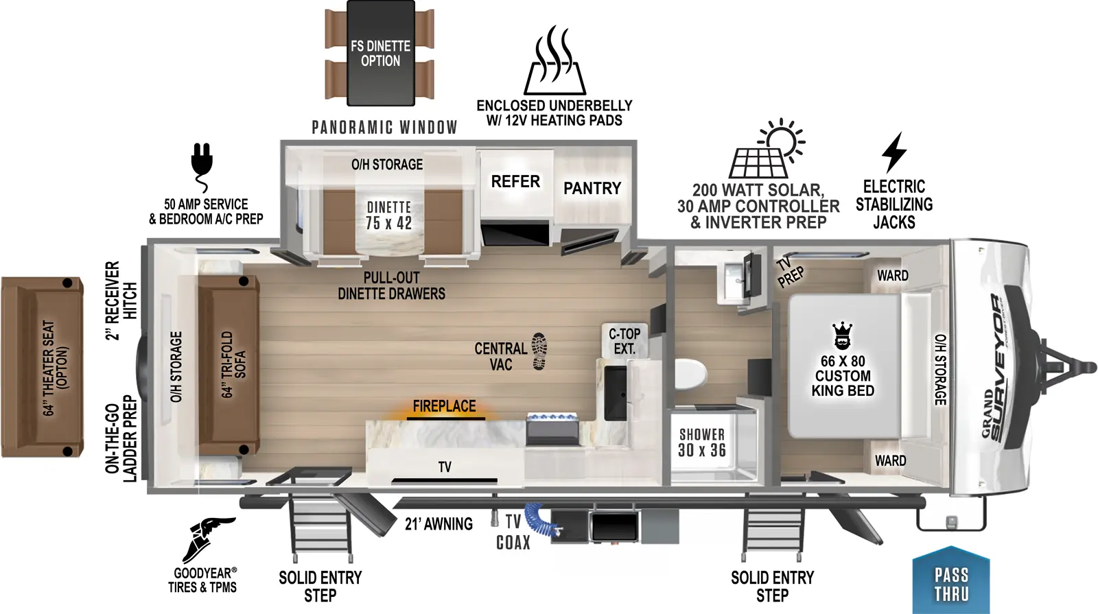 The Grand Surveyor 253RLS has two entries and one slide out. Exterior features include: fiberglass exterior, 21' awning and outside kitchen. Interiors features include: free-standing dinette option, front bedroom and pass through bathroom.